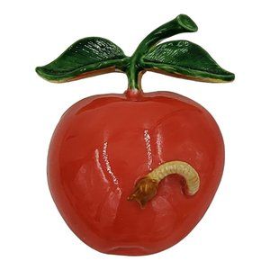 Original by Robert Enamel Apple Worm Brooch Red Fruit Figural Signed VTG